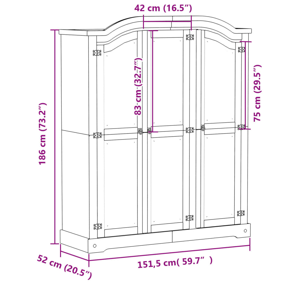 Garderobna omara Corona 151,5x52x186 cm trdna borovina