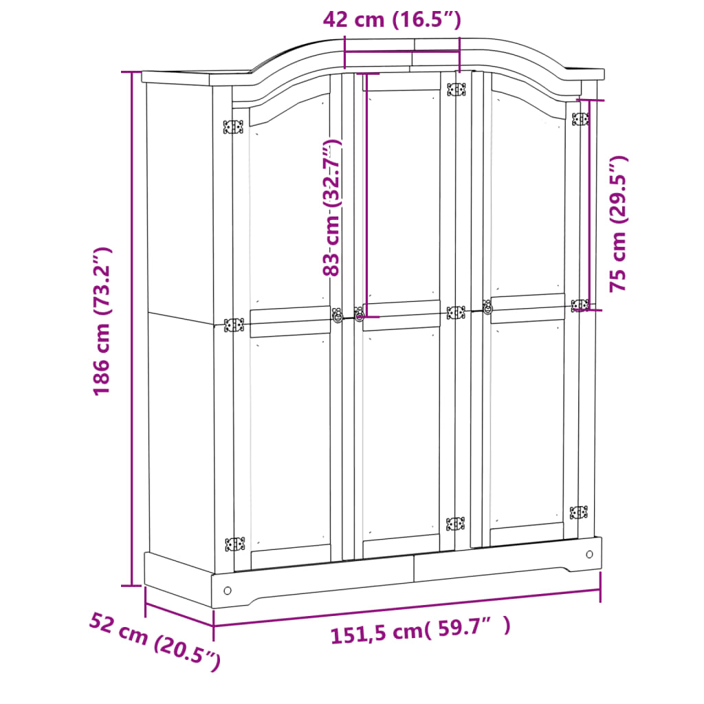 Garderobna omara Corona bela 151,5x52x186 cm trdna borovina