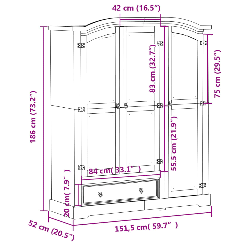 Garderobna omara Corona 151,5x52x186 cm trdna borovina