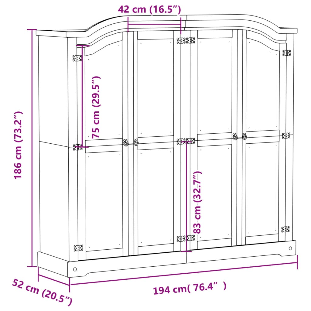 Garderobna omara Corona 194x52x186 cm trdna borovina