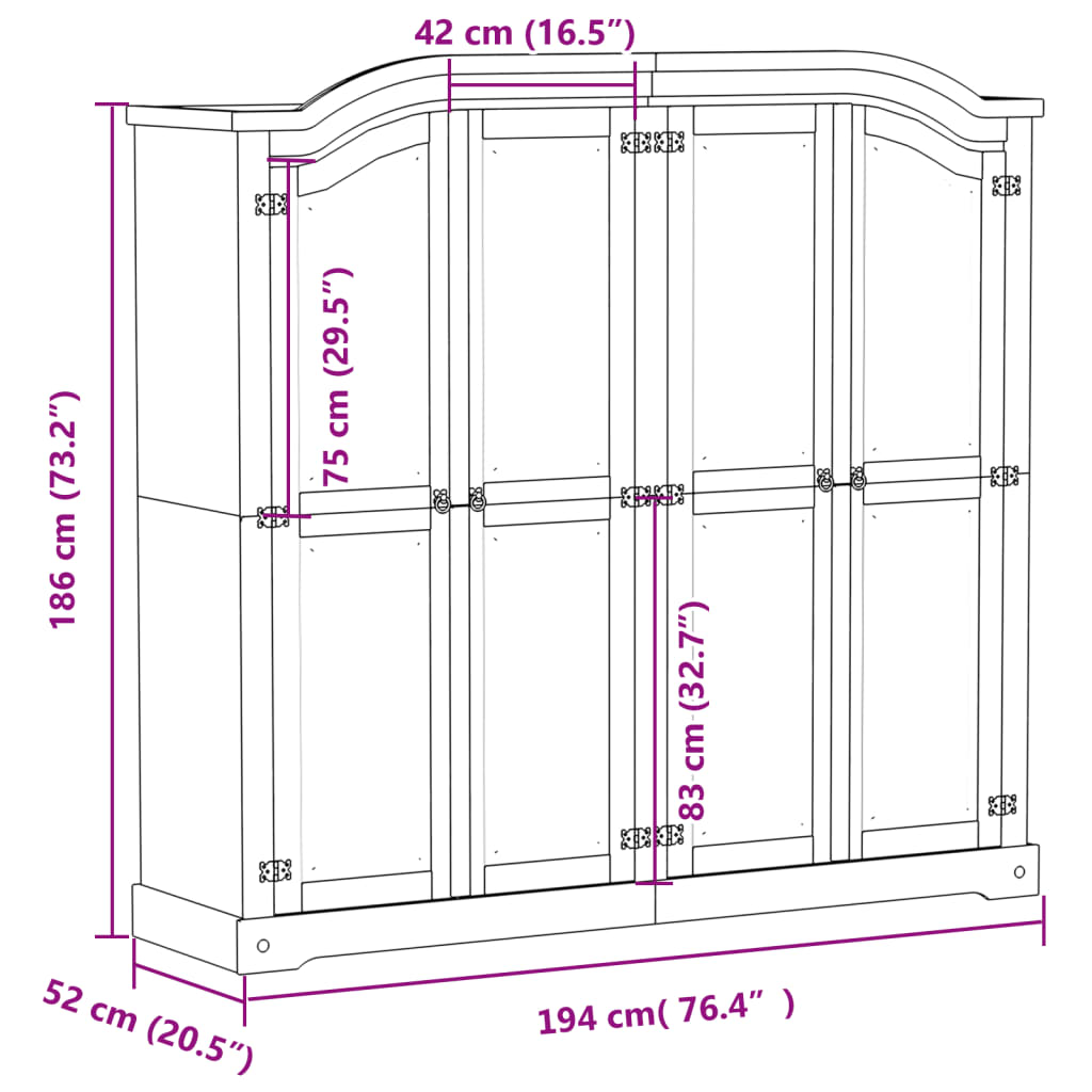 Garderobna omara Corona bela 194x52x186 cm trdna borovina