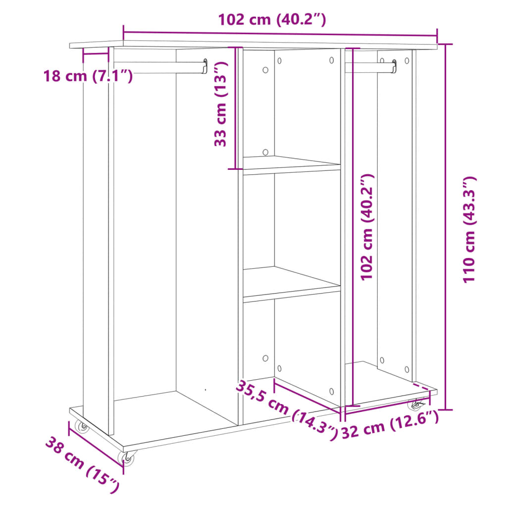 Garderobna omara s koleščki črna 102x38x110 cm inženirski les