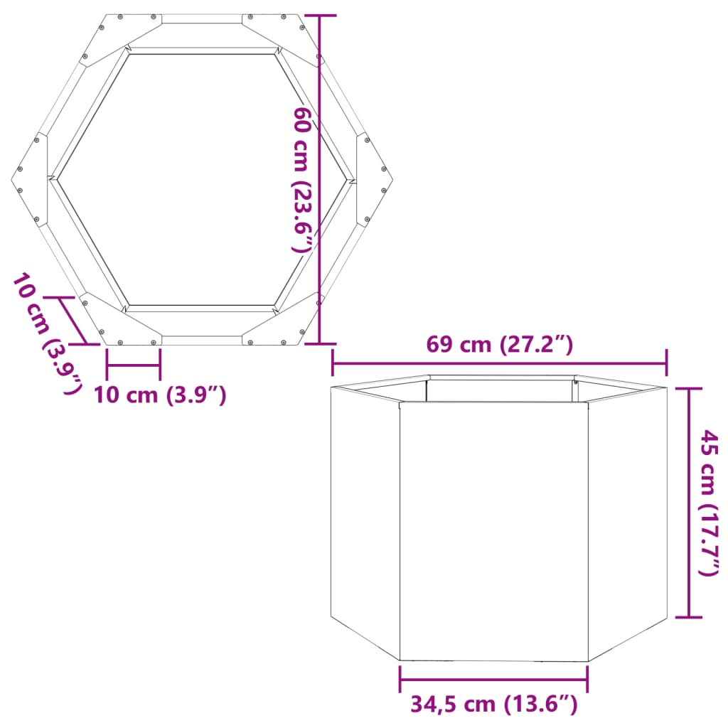 Vrtno korito črna šestkotnik 69x60x45 cm jeklo