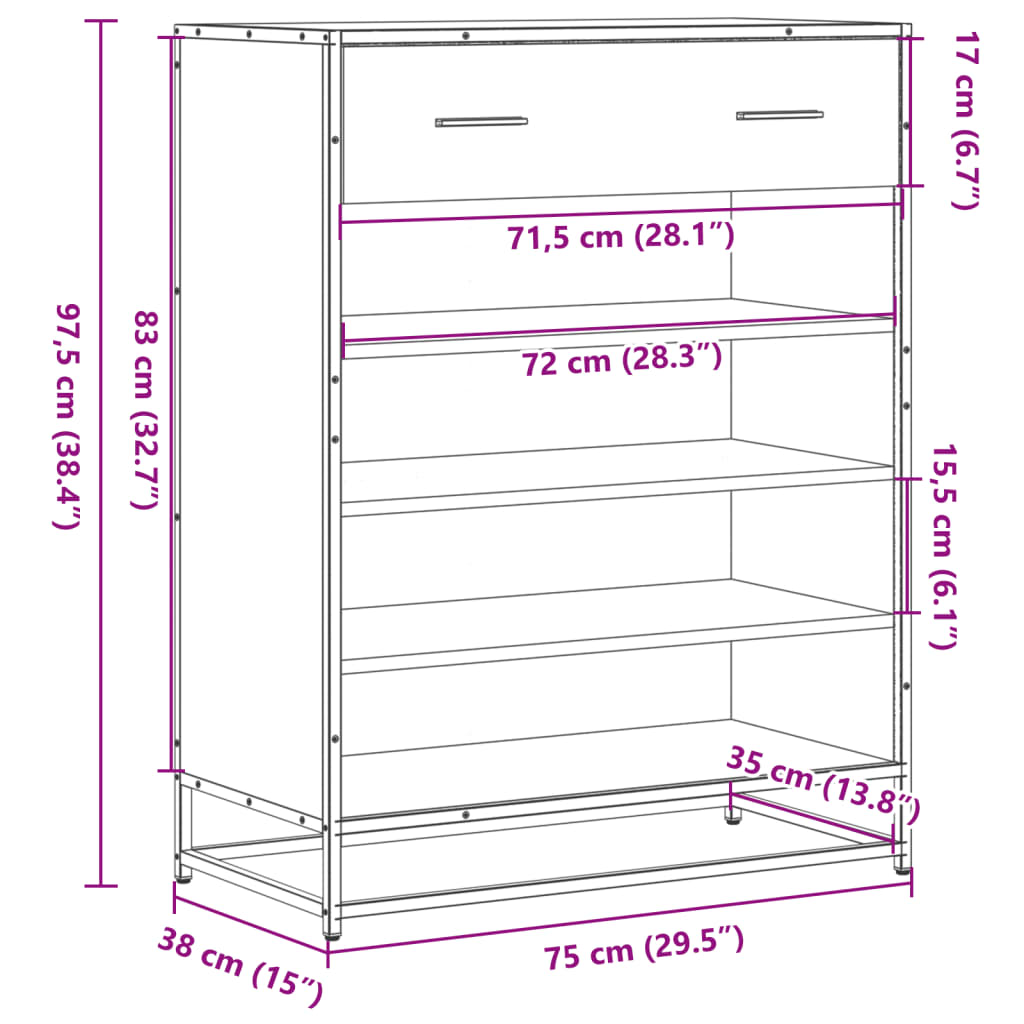 Omarica za čevlje sonoma hrast 75x38x97,5 cm inž. les in kovina