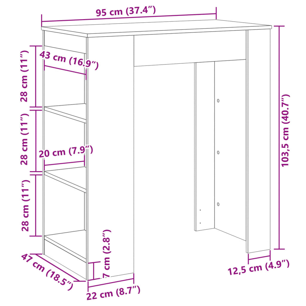 Barska miza s policami bela 95x47x103,5 cm inženirski les