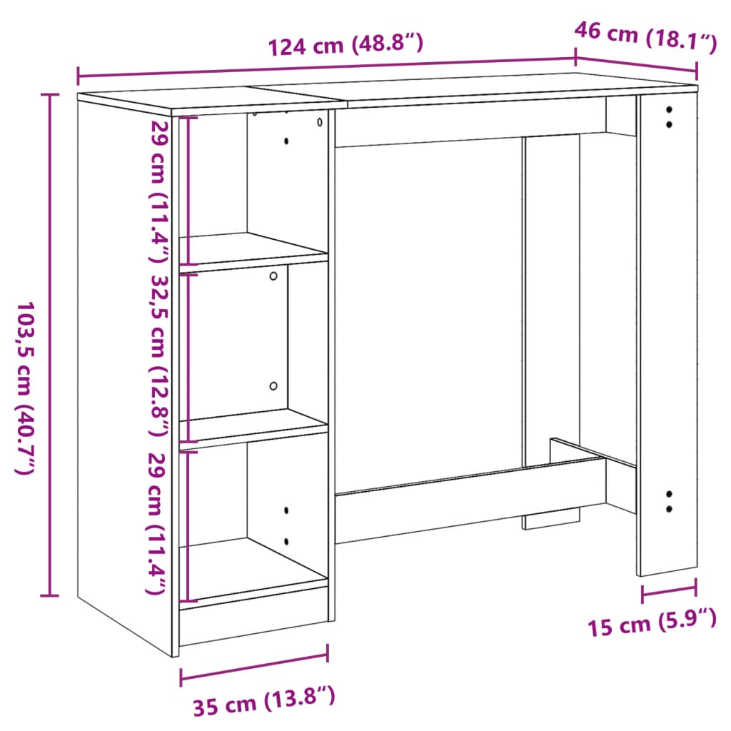 Barska miza s polico bela 124x46x103,5 cm inž. les