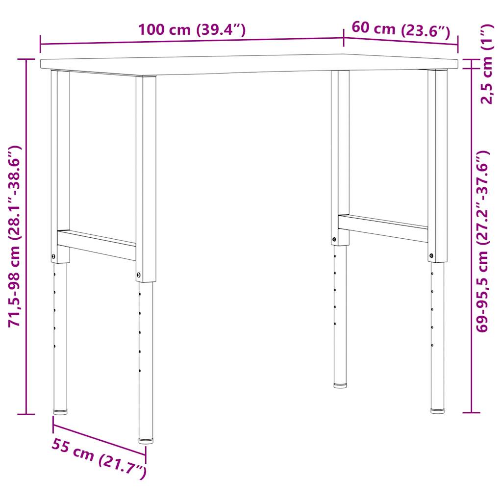 Delovna miza temno rjava 100x60x(71,5-98) cm trdna hrastovina