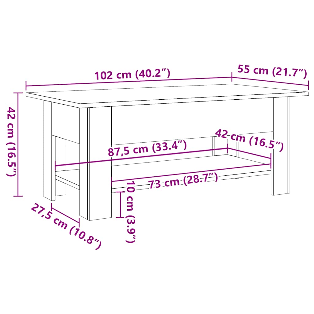 Klubska mizica starinski les 102x55x42 cm inženirski les