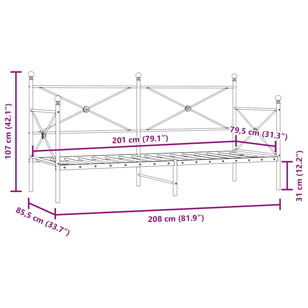 Dnevna postelja brez vzmetnice črna 80x200 cm Jeklo