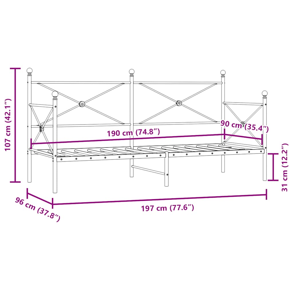 Dnevna postelja brez vzmetnice črna 90x190 cm Jeklo