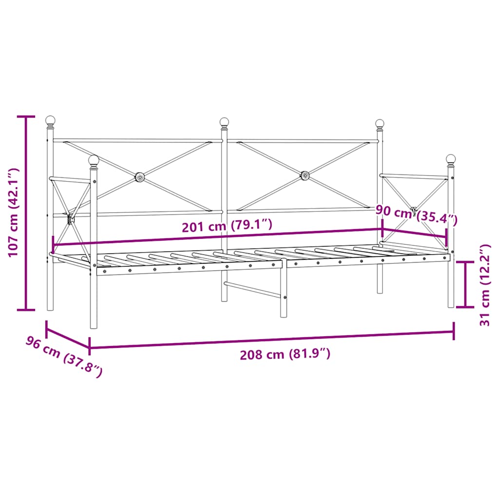 Dnevna postelja brez vzmetnice črna 90x200 cm Jeklo