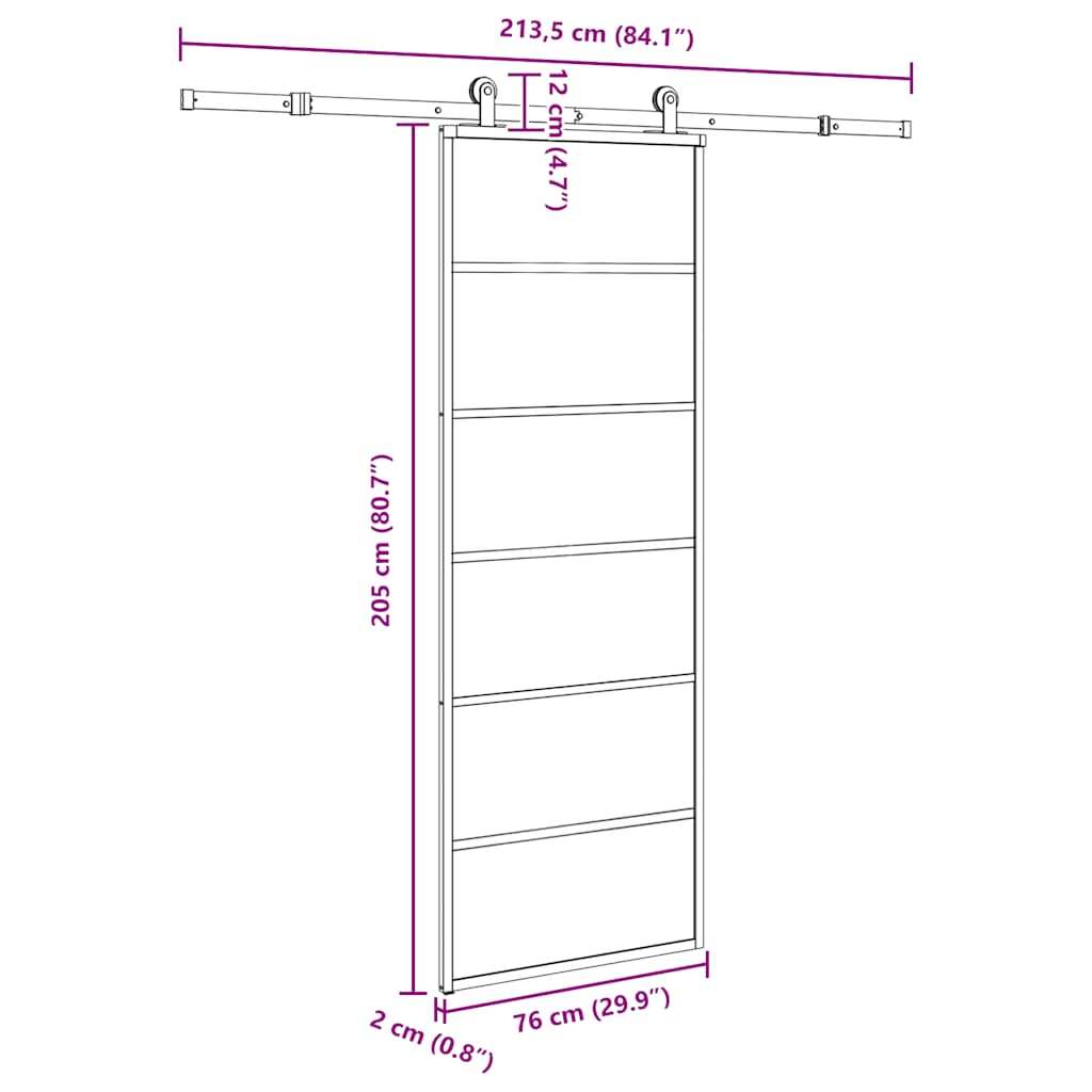 Drsna vrata z opremo 76x205 cm ESG steklo in aluminij