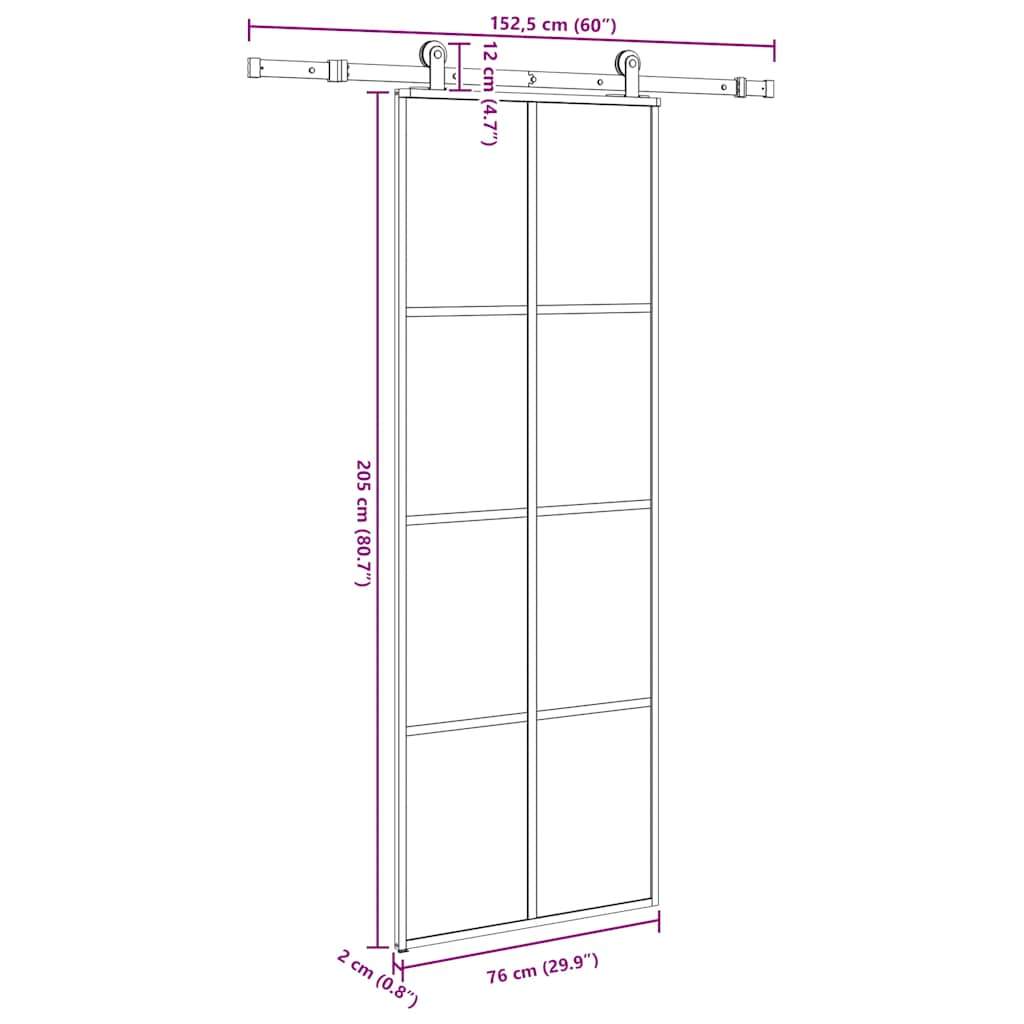 Drsna vrata z opremo 76x205 cm ESG steklo in aluminij