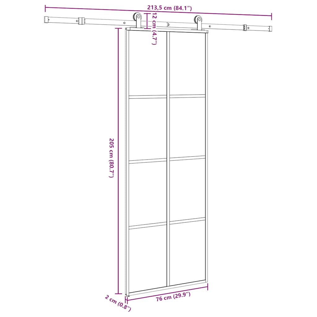 Drsna vrata z opremo 76x205 cm ESG steklo in aluminij