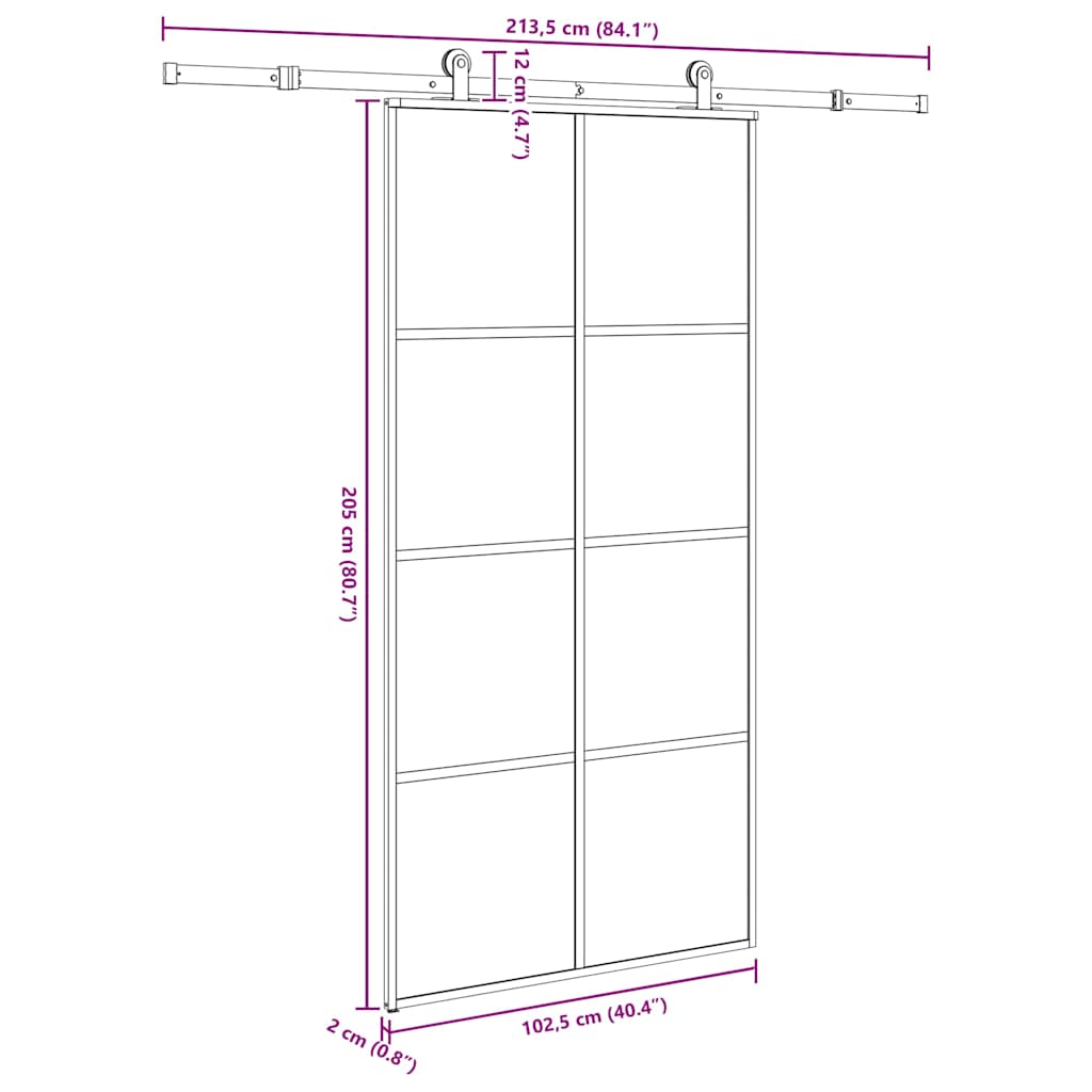 Drsna vrata z opremo 102,5x205 cm ESG steklo in aluminij