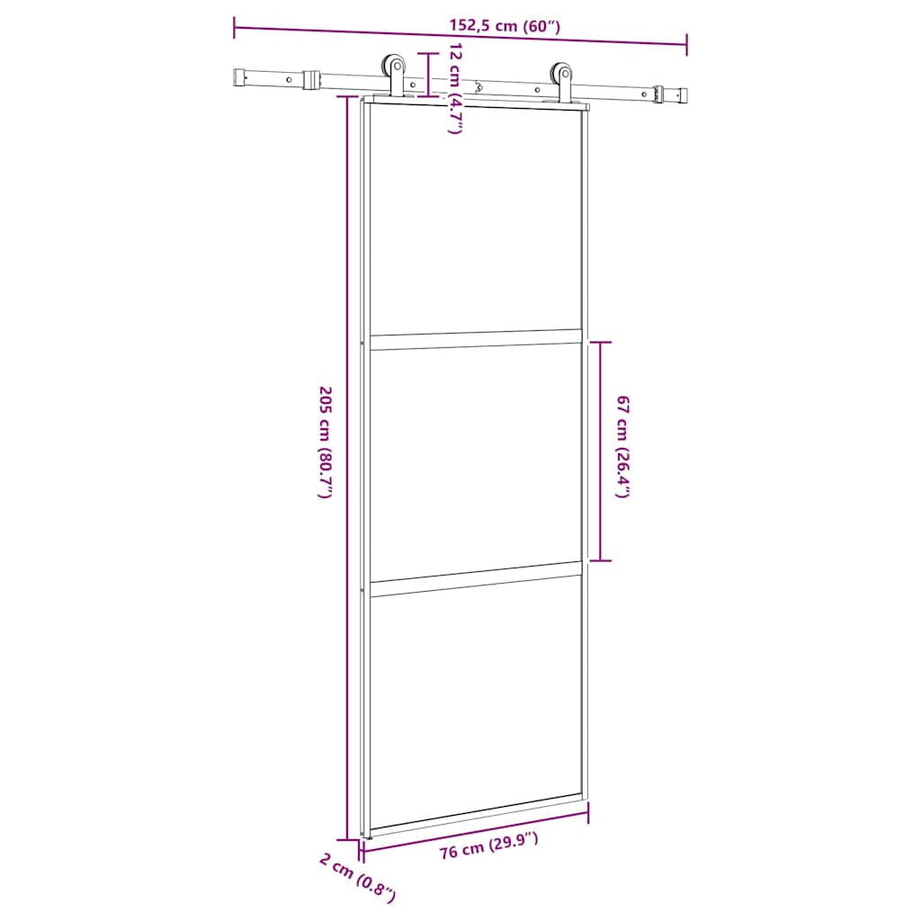 Drsna vrata z opremo 76x205 cm kaljeno steklo in aluminij