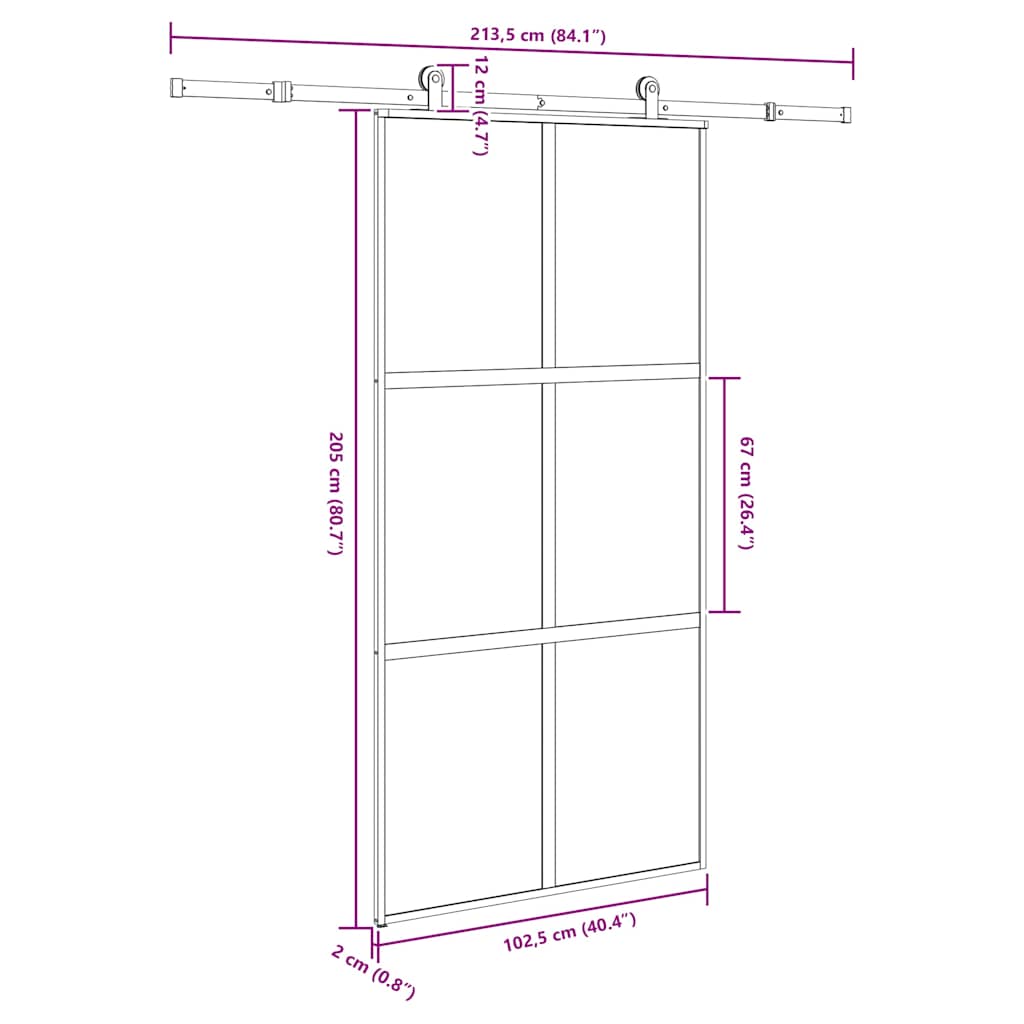 Drsna vrata z opremo 102,5x205 cm kaljeno steklo in aluminij