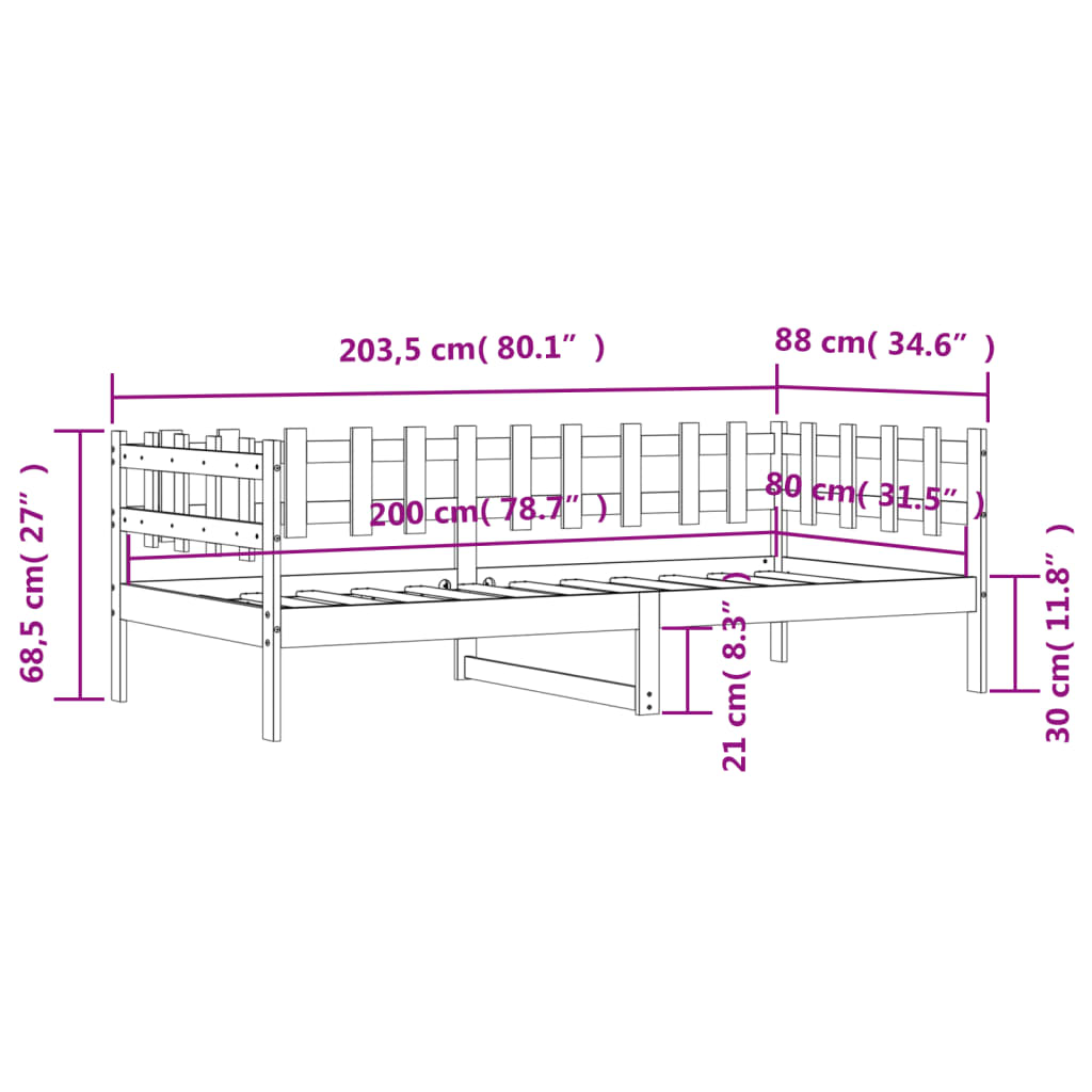 Izvlečna postelja brez vzmetnice 80x200 cm trdna borovina