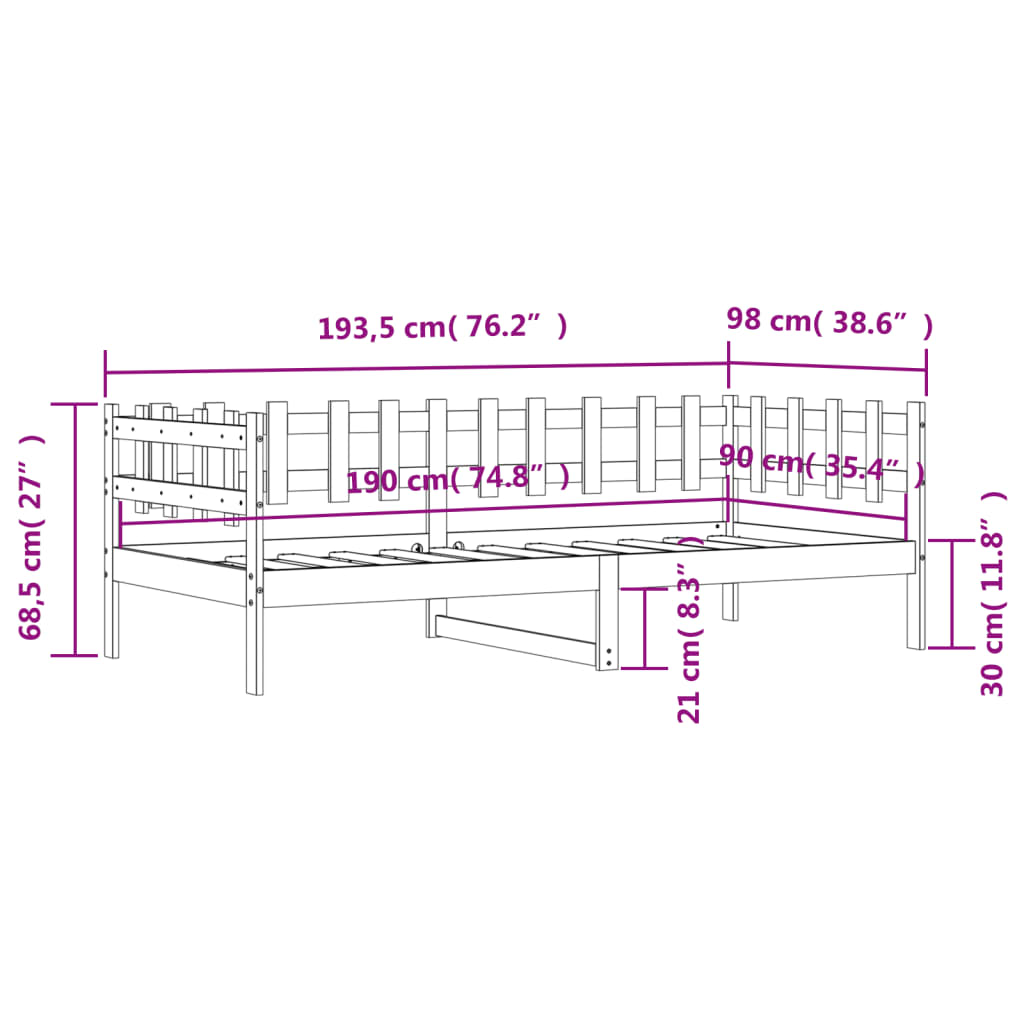 Dnevna postelja brez vzmetnice 90x190 cm trdna borovina