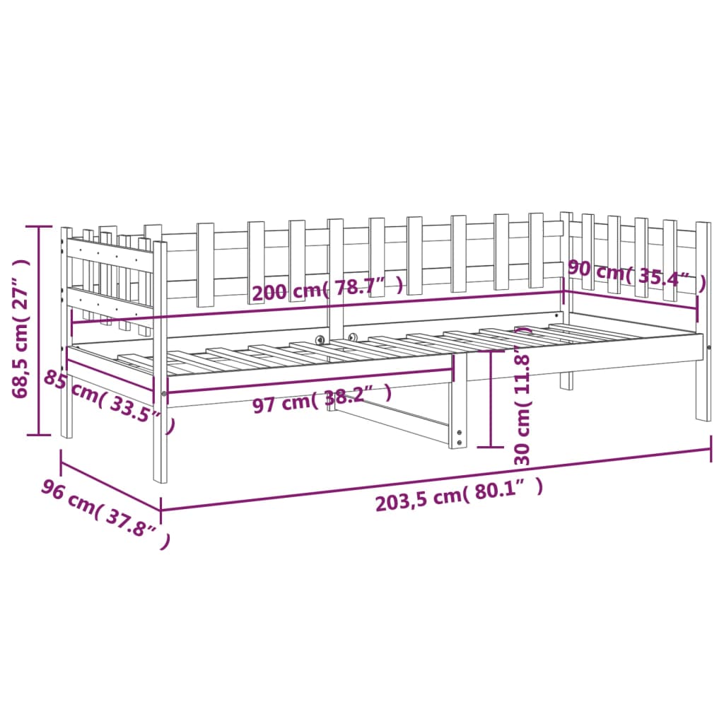 Izvlečna postelja brez vzmetnice 90x200 cm trdna borovina