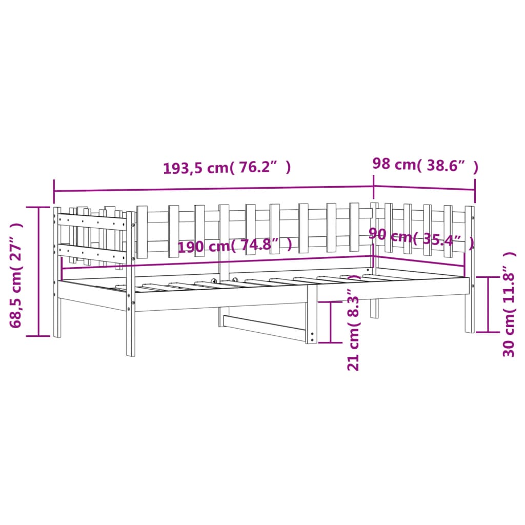 Izvlečna postelja brez vzmetnice bela 90x190 cm trdna borovina