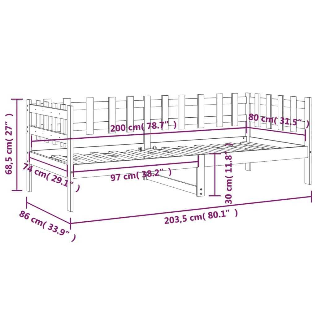 Dnevna postelja črna 80x200 cm trdna borovina