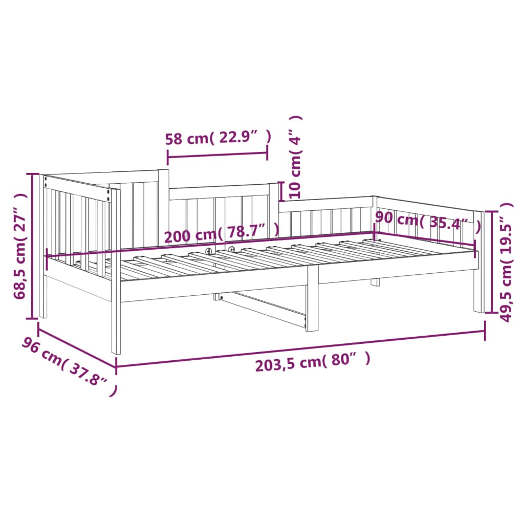 Dnevna postelja črna 90x200 cm trdna borovina