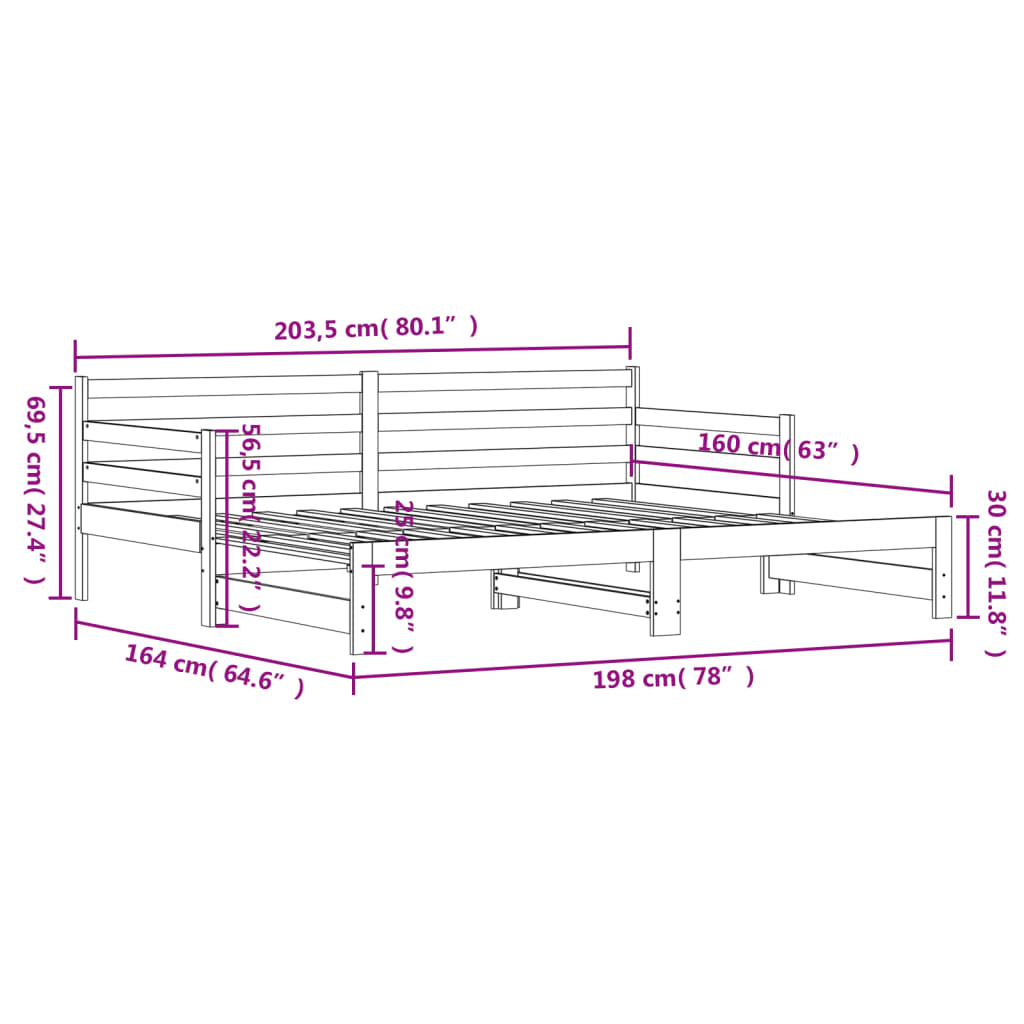 Izvlečna dnevna postelja črna 80x200 cm trdna borovina