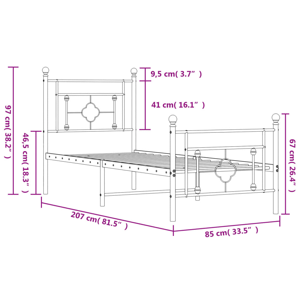 Kovinska postelja - Kovinski posteljni okvir z vzglavjem in vznožjem bel 80x200 cm