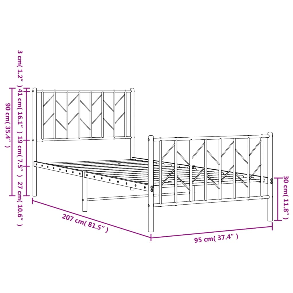 Kovinska postelja - Kovinski posteljni okvir z vzglavjem in vznožjem bel 90x200 cm