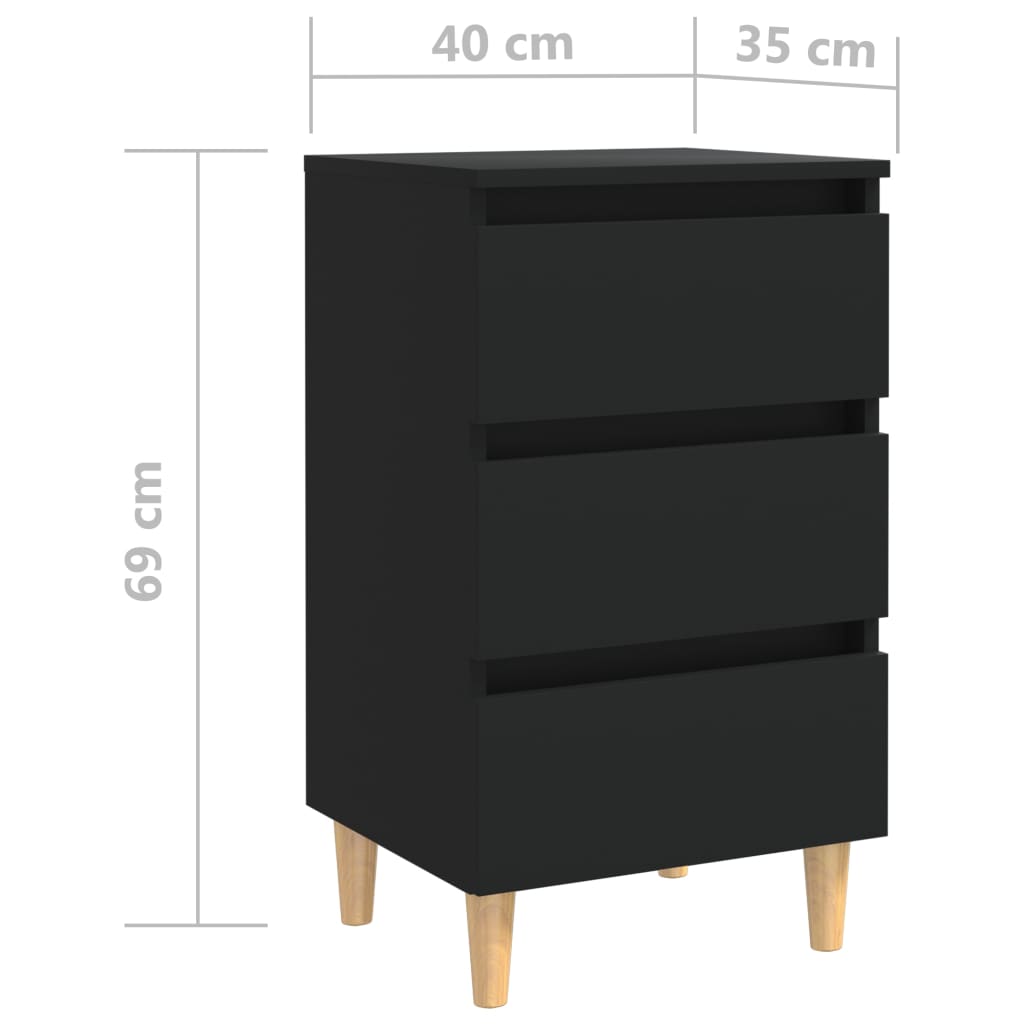 Nočna omarica z nogami iz trdnega lesa 2 kosa črna 40x35x69 cm