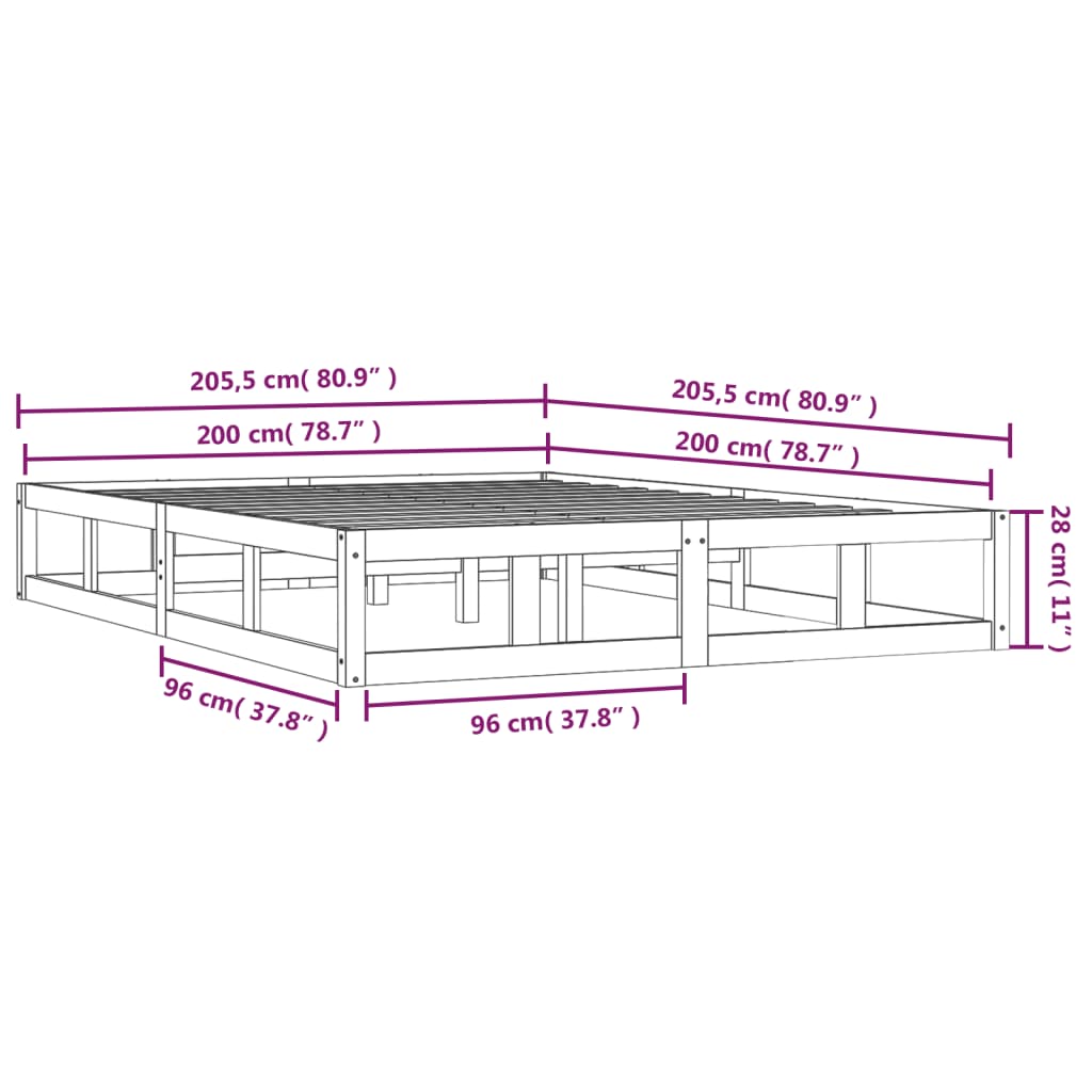 Posteljni okvir 200x200 cm iz trdnega lesa