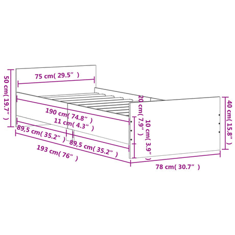 Posteljni okvir bel 75x190 cm inženirski les