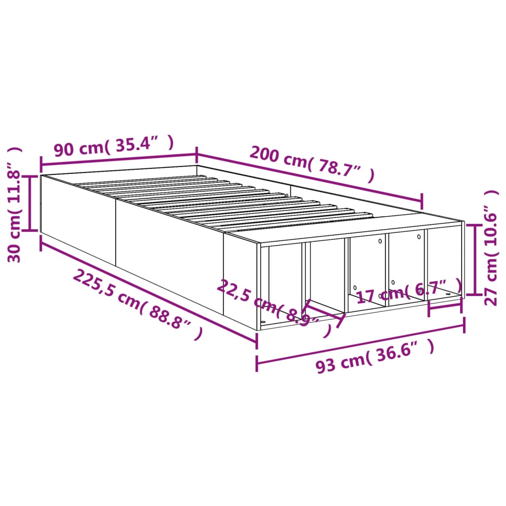 Posteljni okvir bel 90x200 cm inženirski les