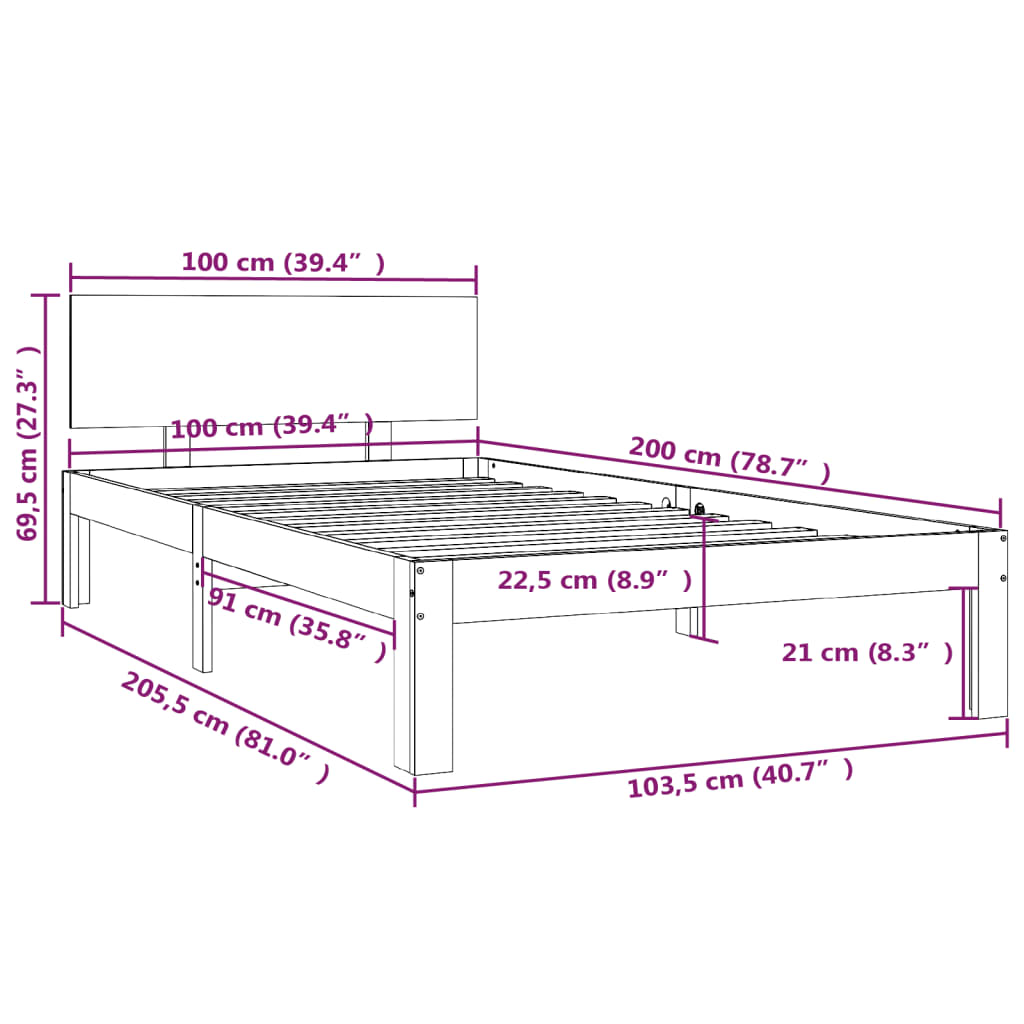 Posteljni okvir bel iz trdne borovine 100x200 cm