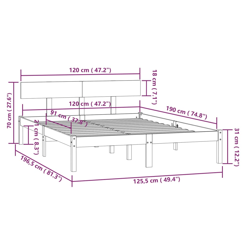 Posteljni okvir bel iz trdnega lesa 120x190 cm