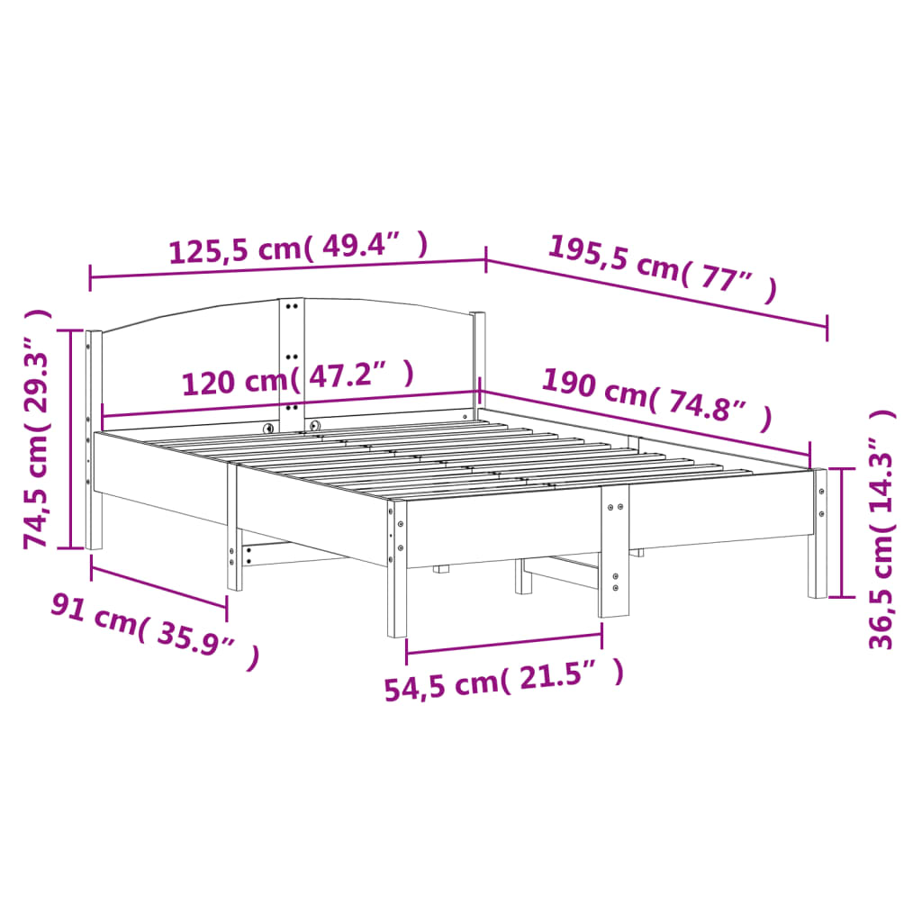 Posteljni okvir brez vzmetnice 120x190 cm trdna borovina