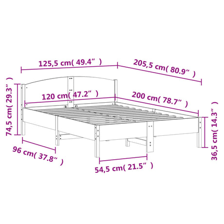 Posteljni okvir brez vzmetnice bel 120x200 cm trdna borovina