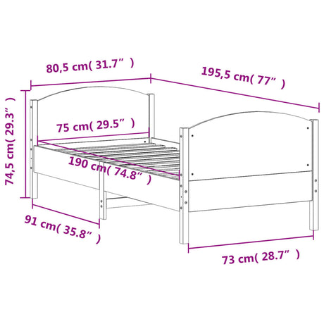 Posteljni okvir brez vzmetnice bel 75x190 cm trdna borovina