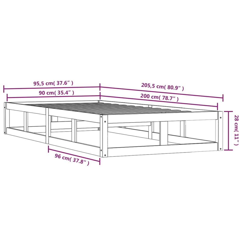 Posteljni okvir črn 90x200 cm trden les