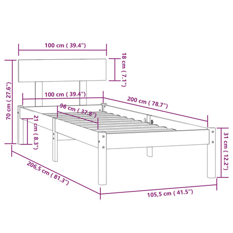 Posteljni okvir črn iz trdne borovine 100x200 cm