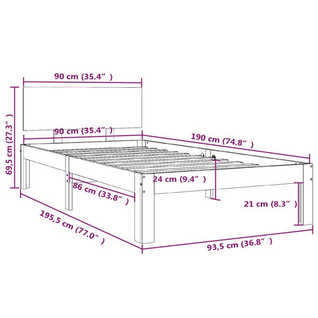 Posteljni okvir iz trdnega lesa 90x190 cm