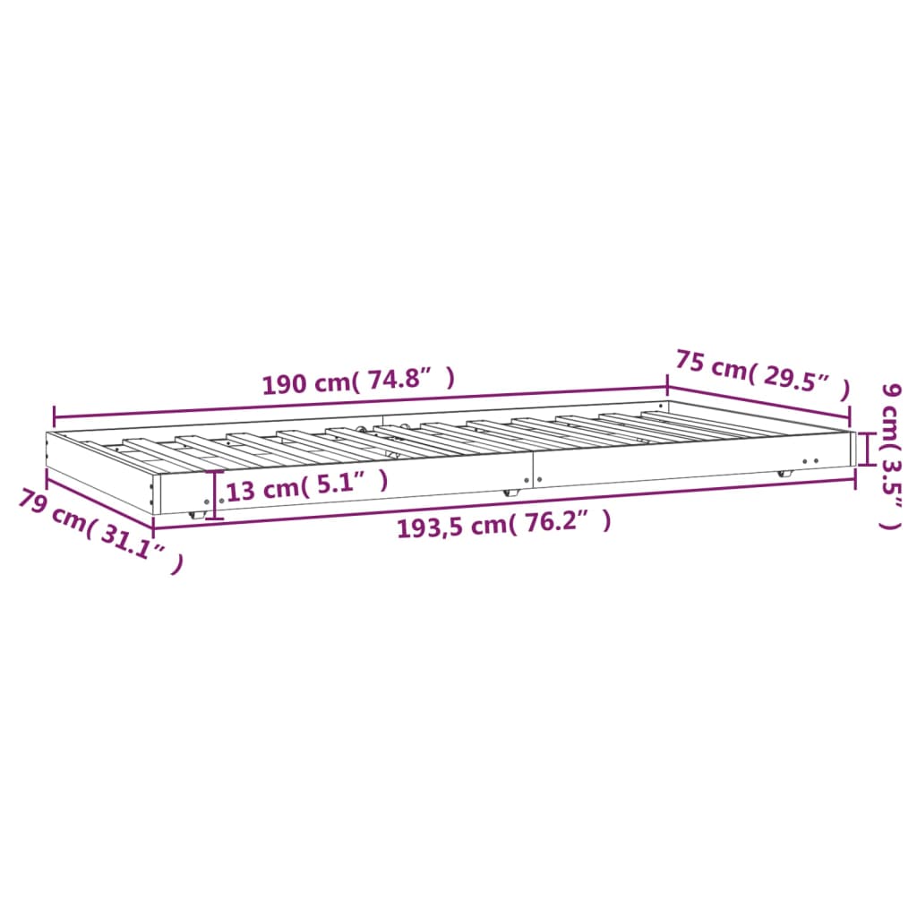 Posteljni okvir medeno rjav 75x190 cm trdna borovina