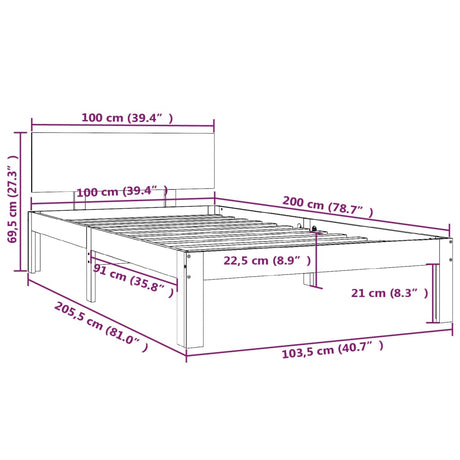 Posteljni okvir medeno rjav iz trdne borovine 100x200 cm