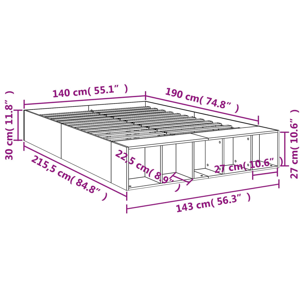 Posteljni okvir siva sonoma 140x190 cm inženirski les