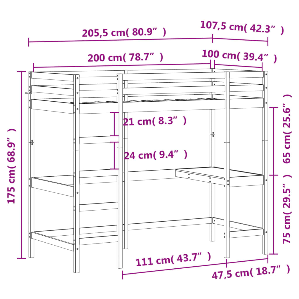 Posteljni okvir z mizo 100x200 cm trdna borovina