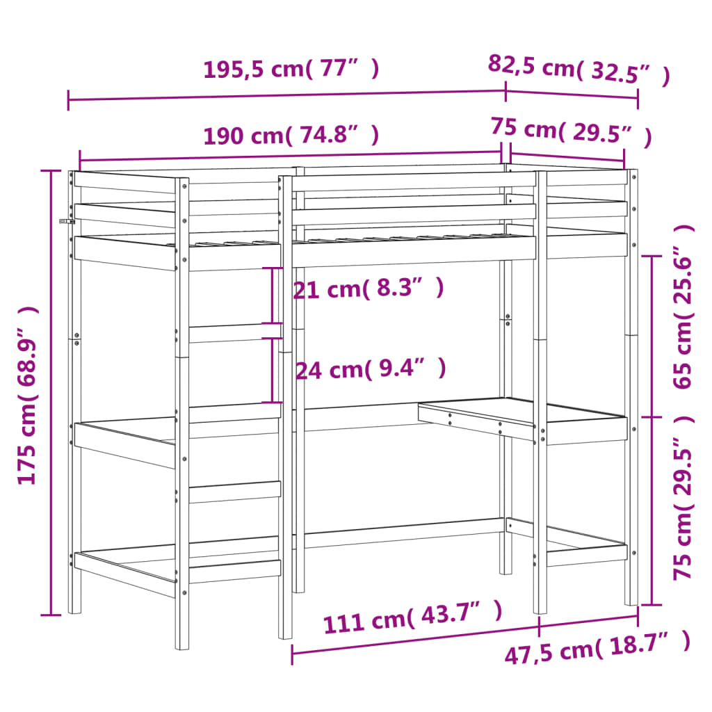 Posteljni okvir z mizo 75x190 cm trdna borovina