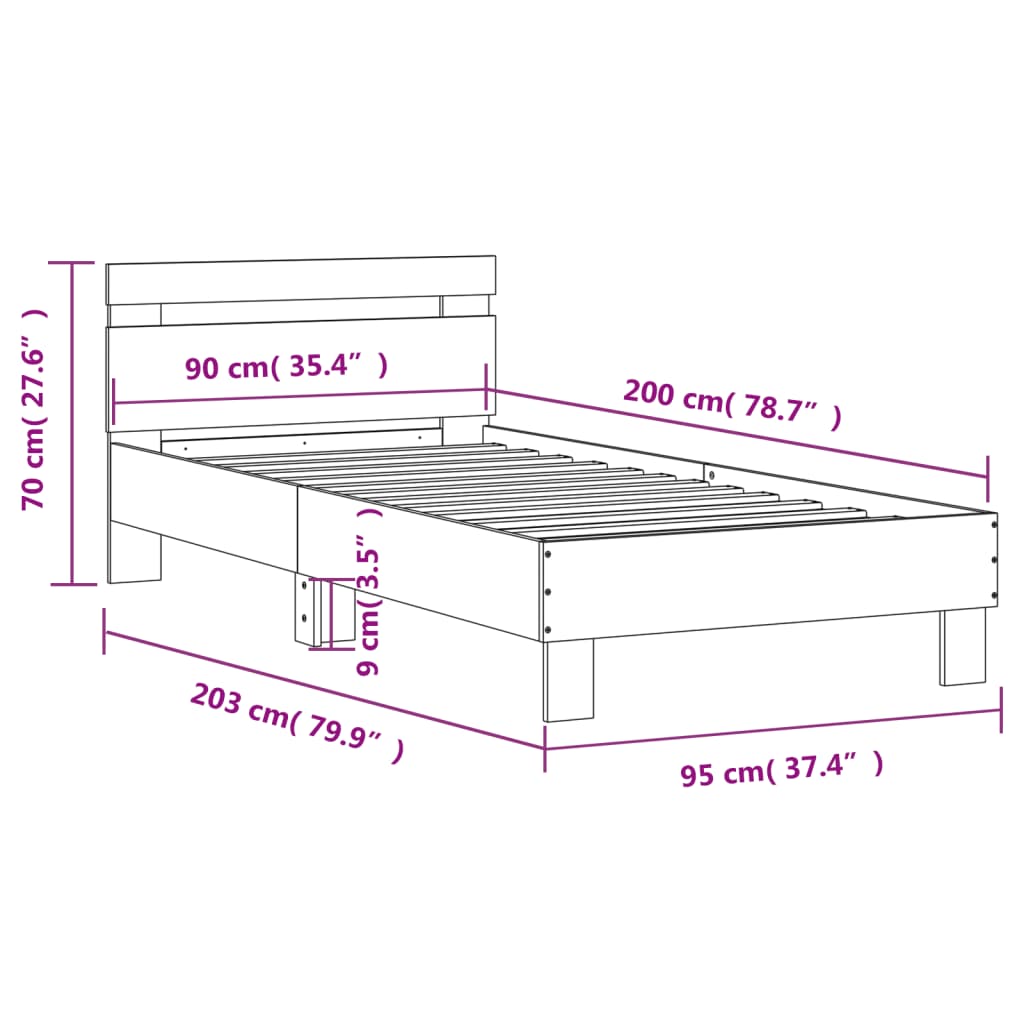 Posteljni okvir z vzglavjem črn 90x200 cm inženirski les