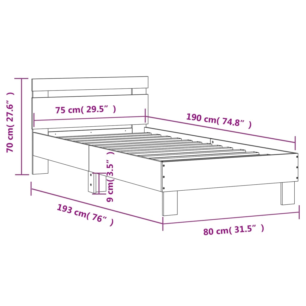 Posteljni okvir z vzglavjem dimljen hrast 75x190 cm inž. les