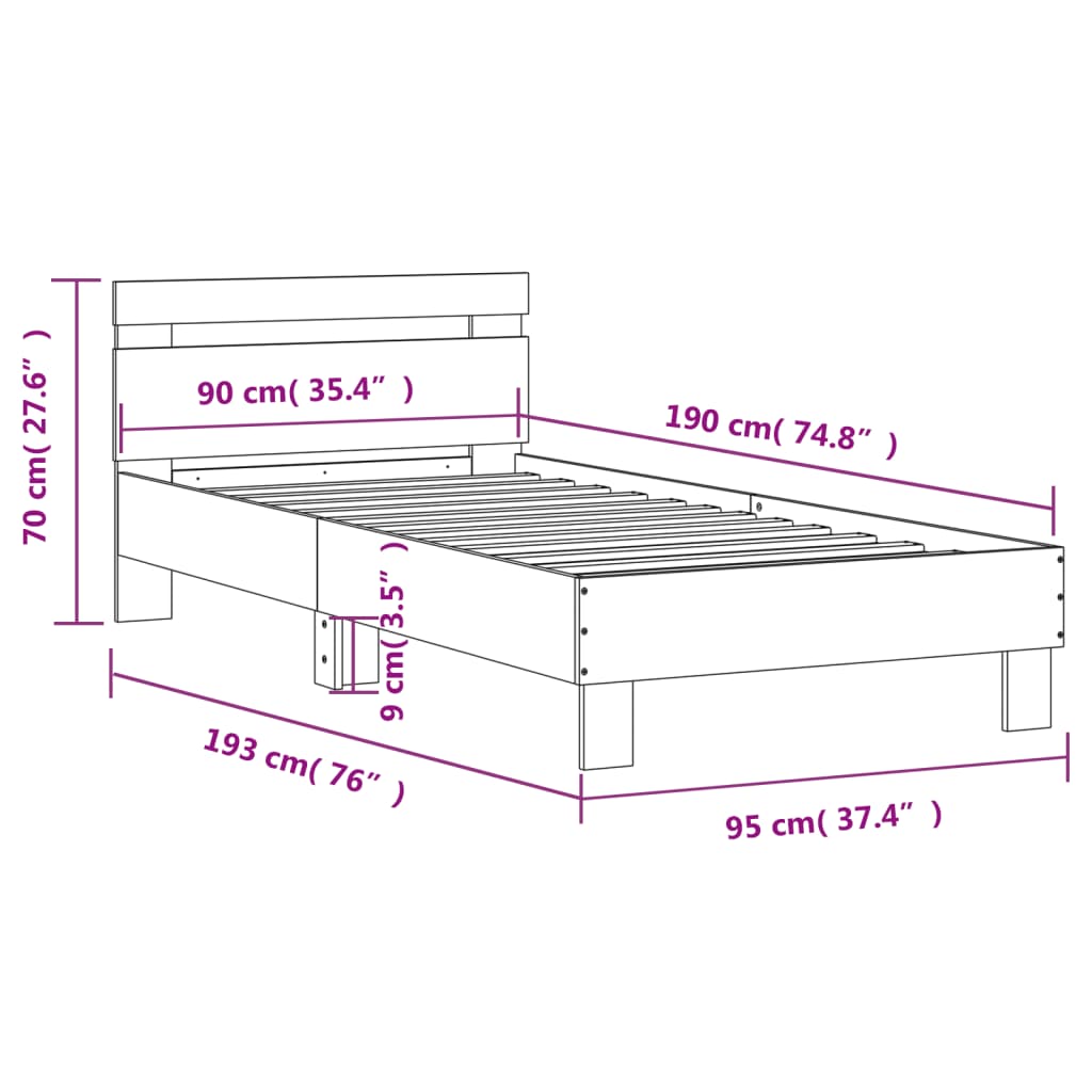 Posteljni okvir z vzglavjem dimljen hrast 90x190 cm inž. les